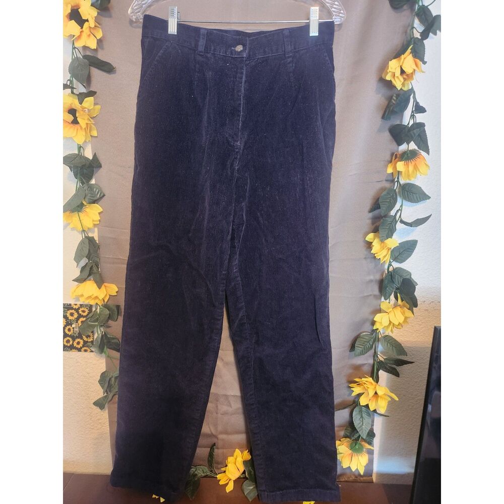 LL Bean Corduroy Pants Womens 10 Reg Dark Navy Blue Stretch Pleated Front
